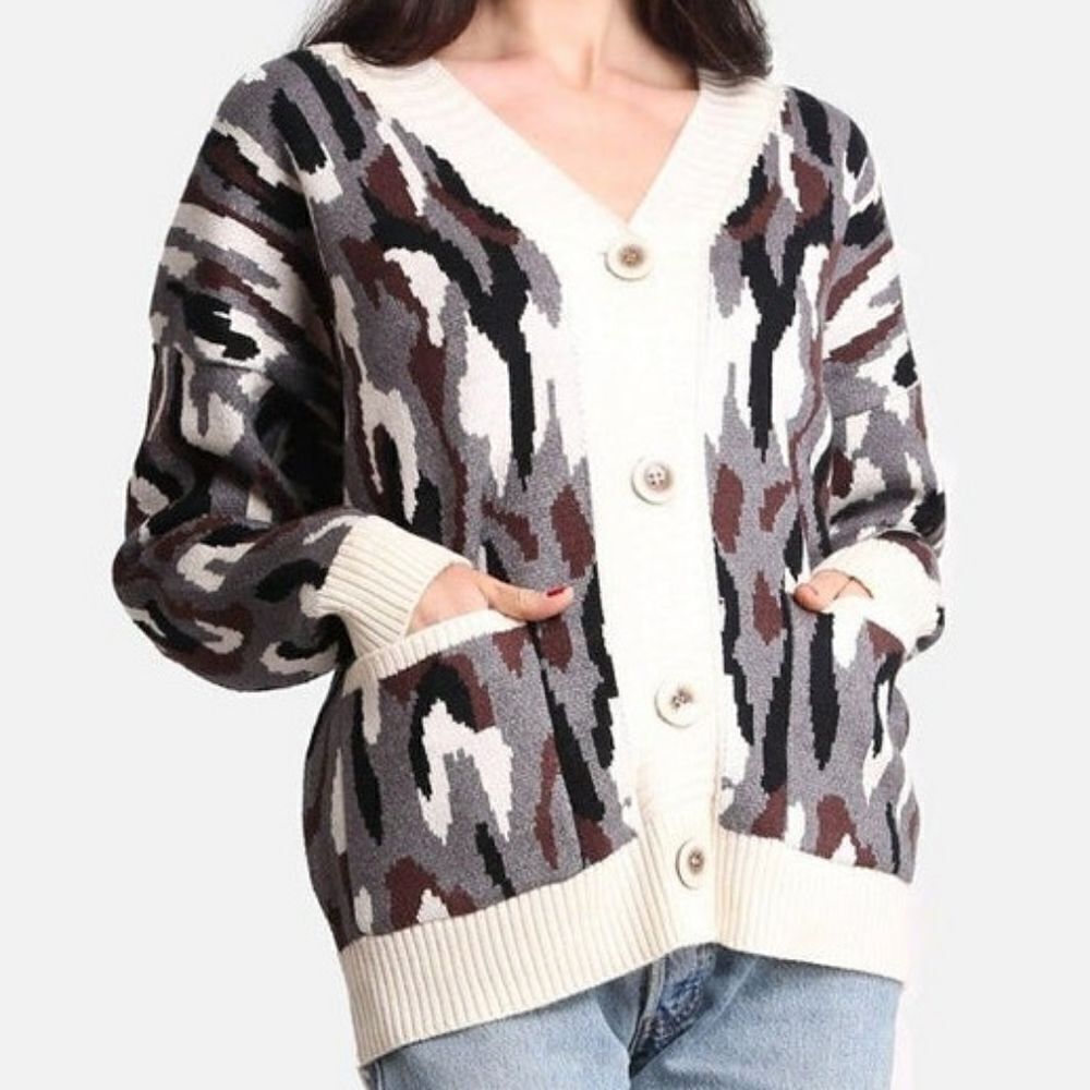 NWT Janice Apparel Camouflage JP1704 Knit Cardigan W/ Pockets & Button Closure